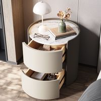 Table de Chevet Ronde en Bois avec 2 Tiroirs, Plateau en Marbre, Design Cylindrique Moderne, Meuble de Rangement Écologique de Luxe pour Chambre et Entrée