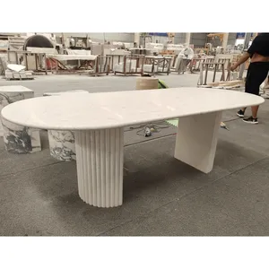 SHIHUI Nordic Modern Natural Stone Luxury White Myra Beige Limestone Marble Dining Table Set Elegant Oval