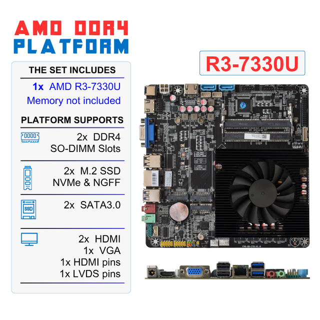 NEW Thin Mini ITX Motherboard with Integrated SOC R7 7330U Processor 2XDDR4 2xM.2 SSD VGA/EDP/LVDS Industrial Motherboard