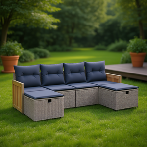 Ensemble de canapés de patio en polyrotin gris avec coussins, 6 places, mobilier de jardin extérieur, design contemporain, structure en teck - Product Image 2