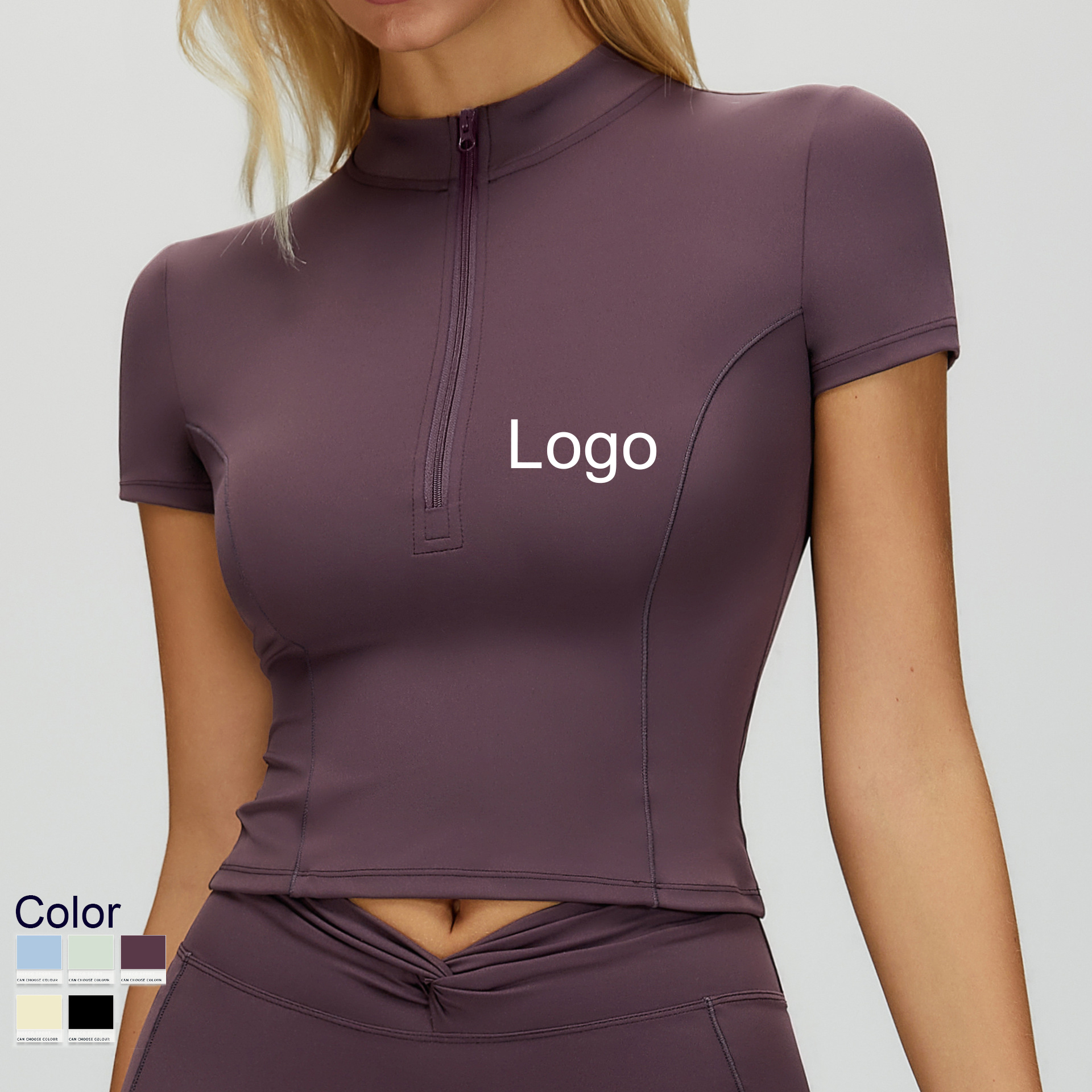 Naked Feel Solid Breathable Zipper Yoga Sportswear T-Shirt Women Slim Fit Stand Collar Short Sleeve Running Workout Top