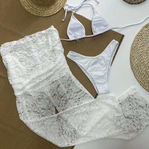 Kadınlar 3 parça Halter Bikini mayo ile çiçek dantel örtbas pantolon düz renk mayo mayo OEM ODM özel Logo 2025 - Product Image 5