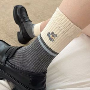 Women's Ribbed Crew <b>Socks</b> With Striped Embroidery Breathable Sweat-Absorbing Mid-Calf Style For Autumn <b>Winter</b> Fashion - Product Image 1
