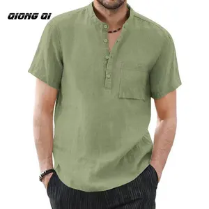 Kaus longgar pria, baju katun Linen kerah berdiri lengan pendek warna Solid 2024 untuk lelaki