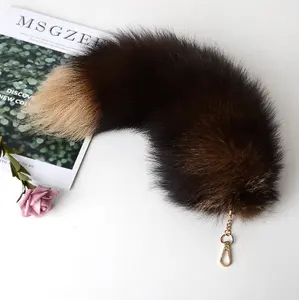 Wholesale crystal 45 cm large black fox tail China fluffy real fox fur tail for key chain