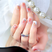 Faux ongles carrés courts scintillants, style français, rose ombré, en ABS avec diamants artificiels