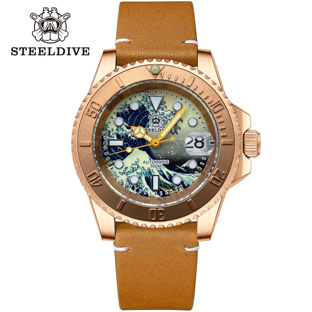 SD1953SJ Steeldive Brand 30ATM NH35 C3 Green Luminous Kanagawa Dial Automatic Bronze Watch CUSN8 Solid Bronze Mens Diving Watch