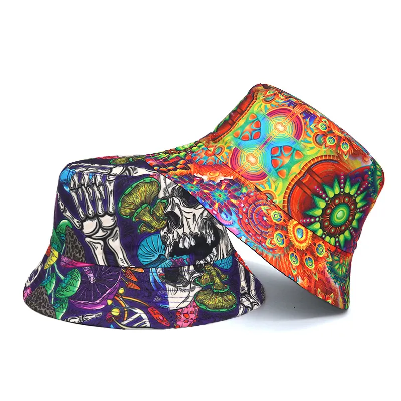 새로운 스타일 패션 파나마 모자 야외 양면 뒤집을 수있는 만화 패턴 어부 모자 버섯 해골 인쇄 버킷 모자