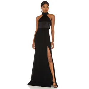 Trendy Fashion Women Evening Dress High Neck Slit Black Gown
