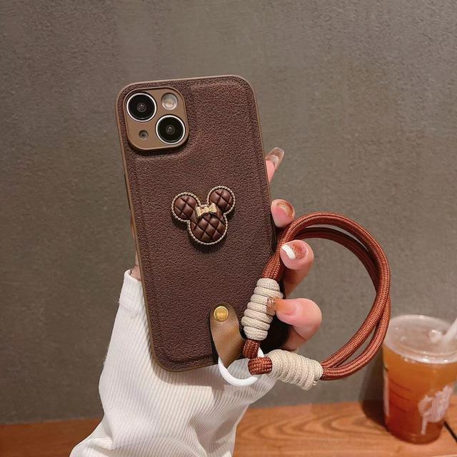 3D Fashion Plush Mickey Bear Mobile Phone Case Silicone PC DIY Chain Shockproof Back Cover for 16 15 14 13 12 11 Pro