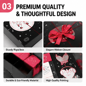 Boîte cadeau calendrier de l'avent noire premium 24 jours avec ruban rouge, pelliculage mat et compartiments numérotés - Product Image 6