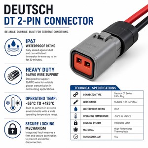 Kit Soket Steker Tersegel Deutsch DT 2-Pin IP67 6-Kit 16AWG Konduktor Tembaga Berlapis Timah 12V-48V DC 13A Heat Shrink Panjang Dapat Disesuaikan - Product Image 2