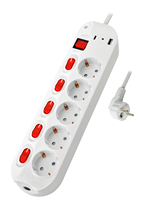 Prise allemande, 5 voies, 16A, 230V~, avec protection enfant, interrupteurs individuels et interrupteur principal, EMC GS