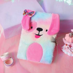 Tie-dye Colorful Private Diary <b>Notepad</b> with Lock Fluffy Journal Plush Rainbow Dog Notebook for Girls - Product Image 3