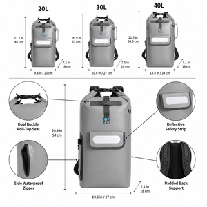 Mochila Impermeable Seca de 20L 30L 40L con Cierre Enrollable, 3 Capas, Correas Acolchadas, Bolsillo Frontal, Tira Reflectante, Bolsa de 2L Gratis, para Surf, Kayak, Senderismo, OEM - Product Image 2