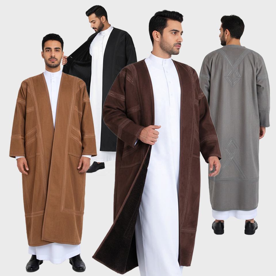 2026 Modest musulmán invierno hombre advertencia largo bordado Kaftan abrigo suave y grueso Casual Color sólido Kimono con bolsillo para hombres M136