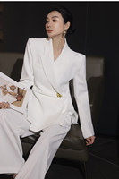 Ensemble de costume de luxe léger noir uni en fibre de polyester peignée à manches longues pour femme, avec pantalon droit à taille ajustée, collection Printemps/Été