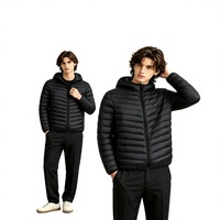 Vestes d'hiver rembourrées en duvet de canard léger et chaud, avec logo personnalisé, en nylon noir, à capuche, pour hommes, vente en gros