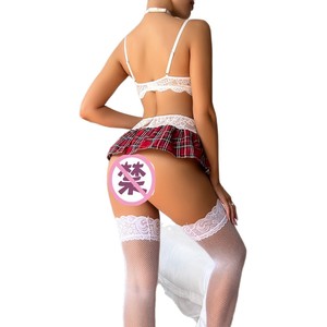Ensemble de lingerie sexy en dentelle à carreaux, patchwork, uniforme JK, costume pour femmes, 2 pièces, rouge à carreaux avec cravate - Product Image 5
