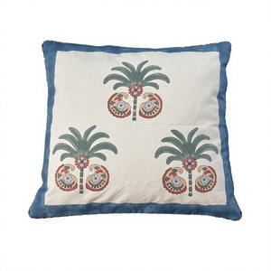 Bohemian Jaipur Luxury Cotton Square Double Sided Hand Block Print Sofa <b>Cushion</b> Cover 16x16 Palm Tree Zipper Closure - Product Image 1