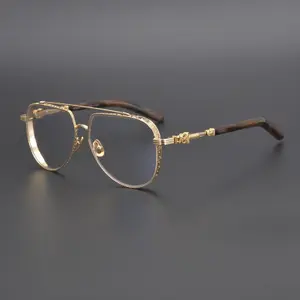 metal Luxury top quality Handmade eyeglasses Carved carving Punkro style gold engraved acetate leg frame large frame glasses