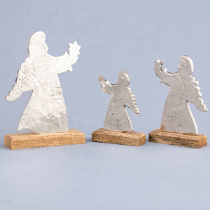 Santa Clause Aluminum Figure Sculpture Snowman Mango Wood Base <b>Christmas</b> Home <b>Decoration</b> Soft Modern Eco-Friendly Nickel Color - Product Image 1