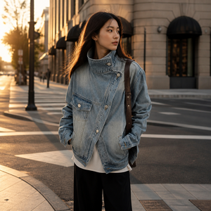 Giacca <span class=keywords><strong>di</strong></span> Jeans Vintage Asimmetrica Eco-Friendly da Donna, Collo Alto, Bottoni, Stile Casual Oversize, Effetto Invecchiato, Streetwear Retrò - Product Image 1