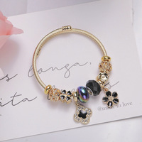 Bracelet en acier inoxydable de haute qualité plaqué or avec breloque fleur en cristal, perles à grand trou et pendentif feuille, bracelet DIY pour femme