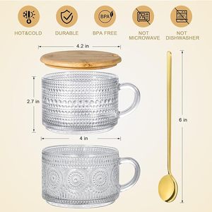 4 Uds. Tazas de vidrio en relieve transparentes bonitas de 14oz con tapas y cucharas de bambú Vintage Handgrip contenedores de avena durante la noche para <span class=keywords><strong>café</strong></span> helado - Product Image 2