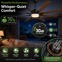 Ventilateur de plafond intelligent 72 pouces en noyer noir avec éclairage, contrôle via application Tuya WiFi, moteur DC industriel, classe d'efficacité énergétique pour grands espaces extérieurs