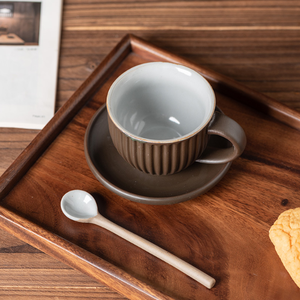 Ensemble tasse à café et <span class=keywords><strong>soucoupe</strong></span> en céramique vintage simple avec cuillère, mug rayé créatif pour latte, expresso et thé de l'après-midi - Product Image 3