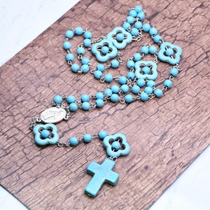Collier chapelet turquoise avec pendentif croix bleu lac, chaîne perlée pour homme et femme, cadeau, chaîne de pull - Product Image 1
