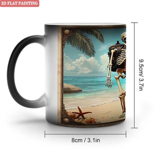 Tasse créative à révélation de chaleur, noire givrée, 11 oz, en céramique, à changement de couleur, motif squelette de plage - Product Image 1