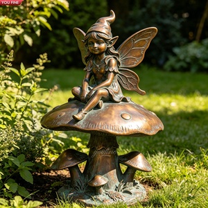 Sculpture d'elfes en bronze YOUFINE, statue de garçon ailé, enfant fée avec <span class=keywords><strong>oiseau</strong></span> pour la décoration de jardin et de cour de villa en extérieur - Product Image 3