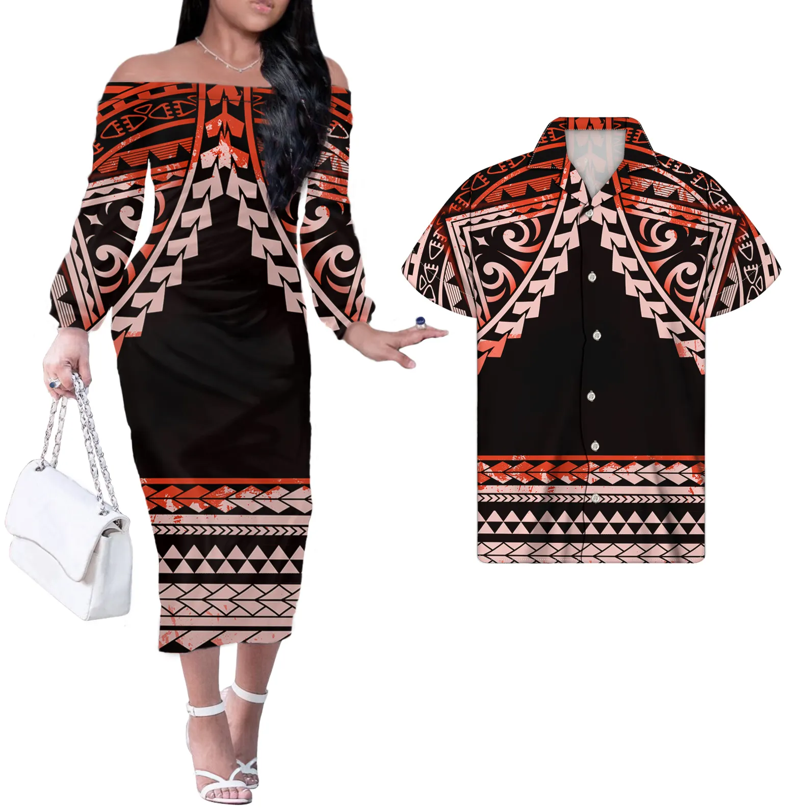 Casal roupas polinésia feminina noite vestido, preto tribal vermelho e <span class=keywords><strong>branco</strong></span> estilo hibisco novo estilos mulheres manga comprida