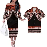 युगल पोलेनीशियाई कपड़े महिला शाम पोशाक समोआ आदिवासी लाल और सफेद शैली हिबिस्कुस के साथ नई पोशाक शैलियों महिलाओं लंबी आस्तीन