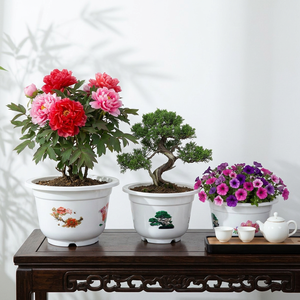 Round <b>Planters</b> High Volume B2B Reliable Sourcing Agent Eco-Friendly White <b>Plastic</b> Gardening Pots with Floral Patterns Stackable - Product Image 1
