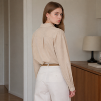 Produsen Kemeja Linen Wanita Kustom Ukuran Besar Lengan Panjang Kancing Depan Warna Beige Grosir OEM Label Pribadi Ukuran Plus