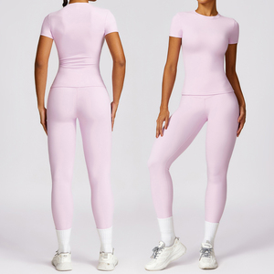 2025 femmes col rond manches courtes Slim Run T-shirt et taille haute <span class=keywords><strong>Fitness</strong></span> collants séchage rapide 2 pièces ensembles <span class=keywords><strong>de</strong></span> Compression - Product Image 5