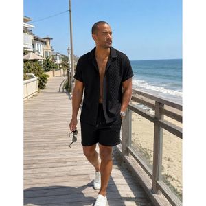FOXA Mens Summer Waffle Knit 2 Piece Short Set Casual Button <b>Down</b> Shirt And Shorts Breathable Cotton Outfit - Product Image 3