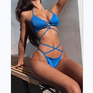 Nouveau maillot de bain <span class=keywords><strong>bikini</strong></span> sexy pour femme, style américain, ensemble 2 pièces avec bretelles de couleur unie - Product Image 1