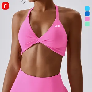 FB603# Custom Logo Women Shockproof Front Twist Crop V Cut Halter Neck Strapless Running Pink Front Twist Sports Bra For Women