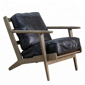 Venta al por mayor marco de madera sillón de cuero vintage relajarse Silla de salón con reposapiés otomana sofá - Product Image 1