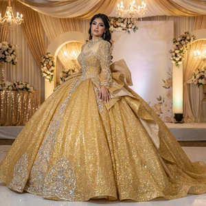 Xs320 Modern Magnificent Gold Holographic Sequin Sweetheart Long Sleeve Crystal Bow <b>Ball</b> <b>Gown</b> Chapel Train Quinceanera Dress - Product Image 1