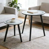 Ensemble de tables basses en verre minimalistes à deux pièces avec pieds en bois noir, design moderne pour le salon/la chambre à coucher