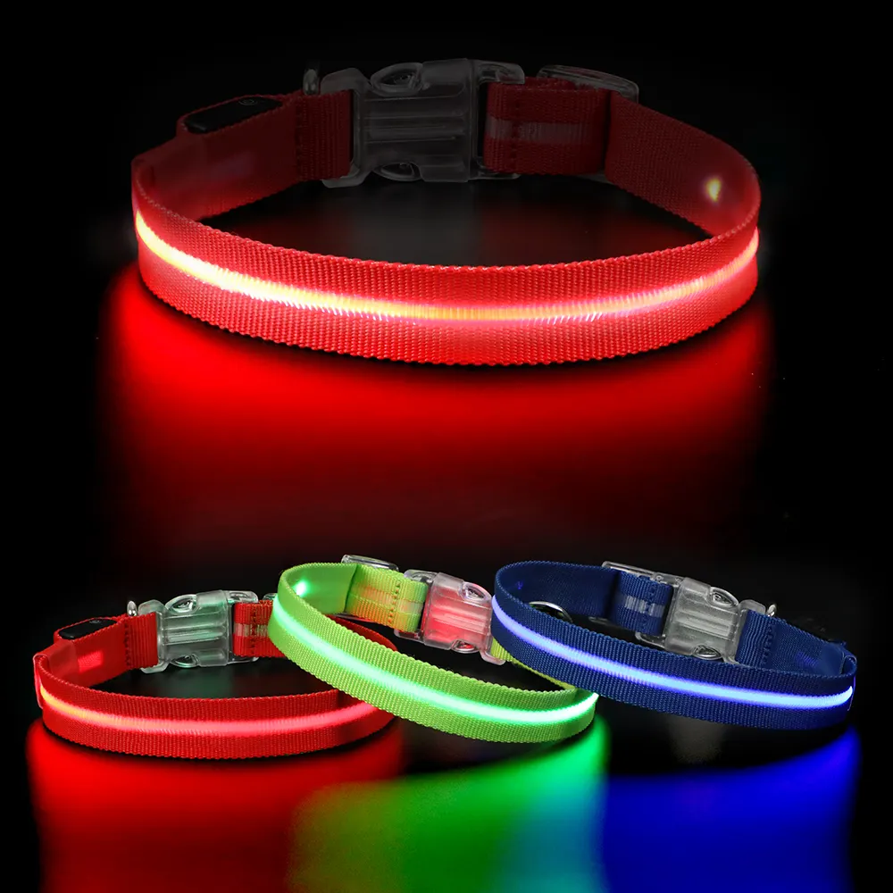 Заводская индивидуальная светодиодная подсветка аксессуары для домашних животных цвета мигающий собачий ремешок на шею USB перезаряжаемый Регулируемый светящийся ошейник для собак