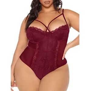 Plus Size Sexy Lingerie Bodysuit, Women's Plus Contrast Lace Mesh Deep V  Neck Halter Teddy Bodysuit