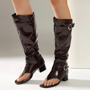 Bottes hautes d'été grande taille 48 pour femme, à bout ouvert, avec ceinture et boucles métalliques, talons carrés bas, fermeture éclair latérale - Product Image 5