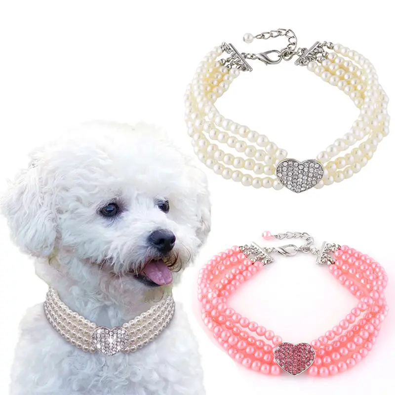 2023 Brighter 4 rows pearl rhinestone heart pendant 3 colors jeweled dog collars