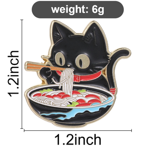 Zwarte kat die ramen eet Emaille pin Leuke katachtige dieren met eetstokjes Noedelkom Japanse voedselbroche voor rugzakdecoratie - Product Image 6